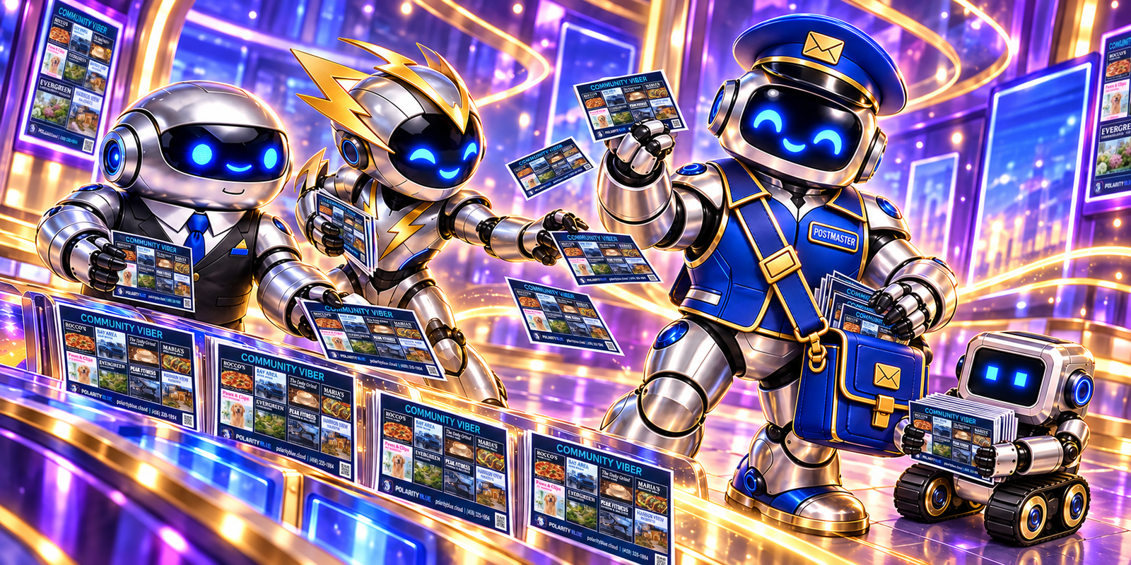 Polarity Blue team in luminous violet and gold