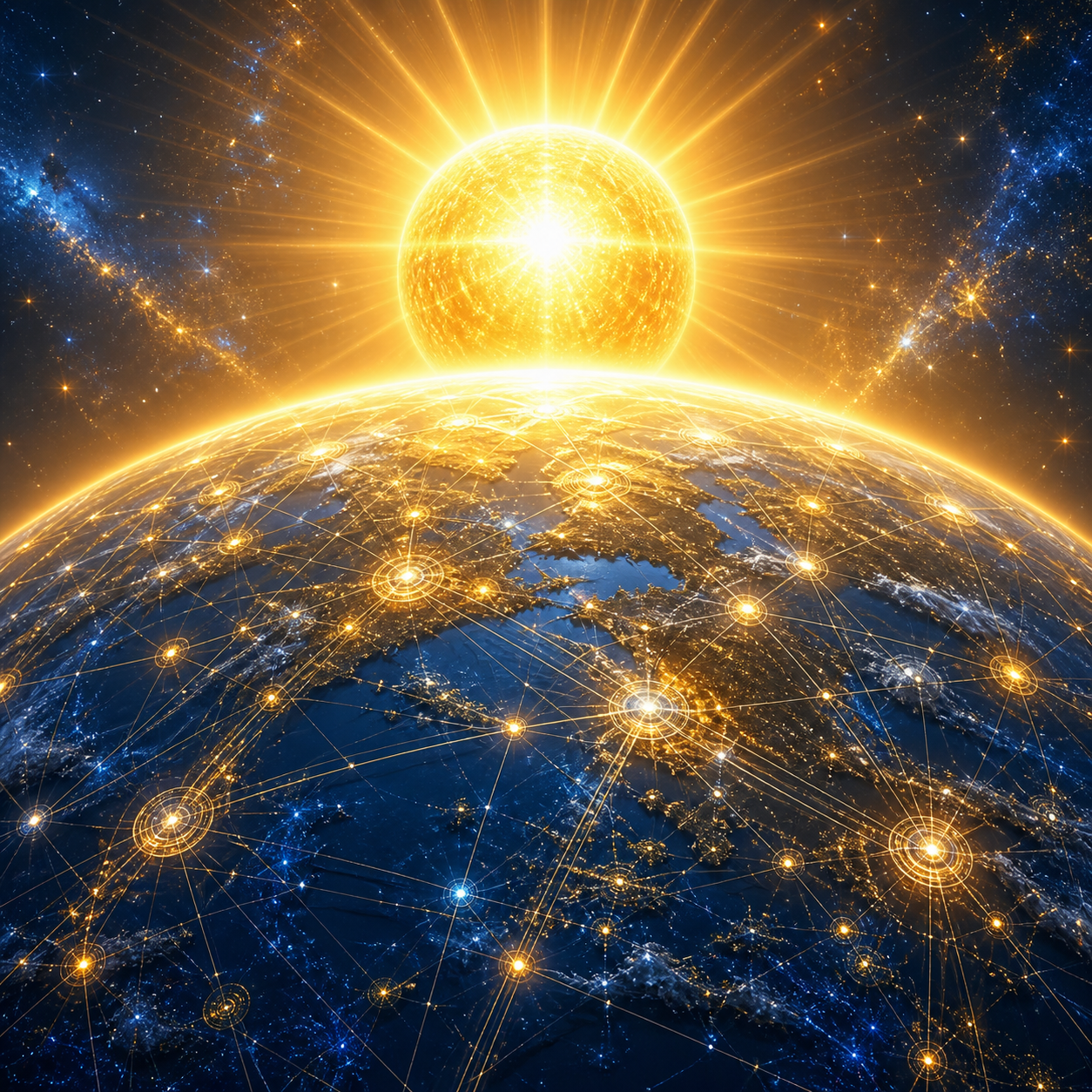 A stronger golden sun rising over a blue planet representing the Core Website