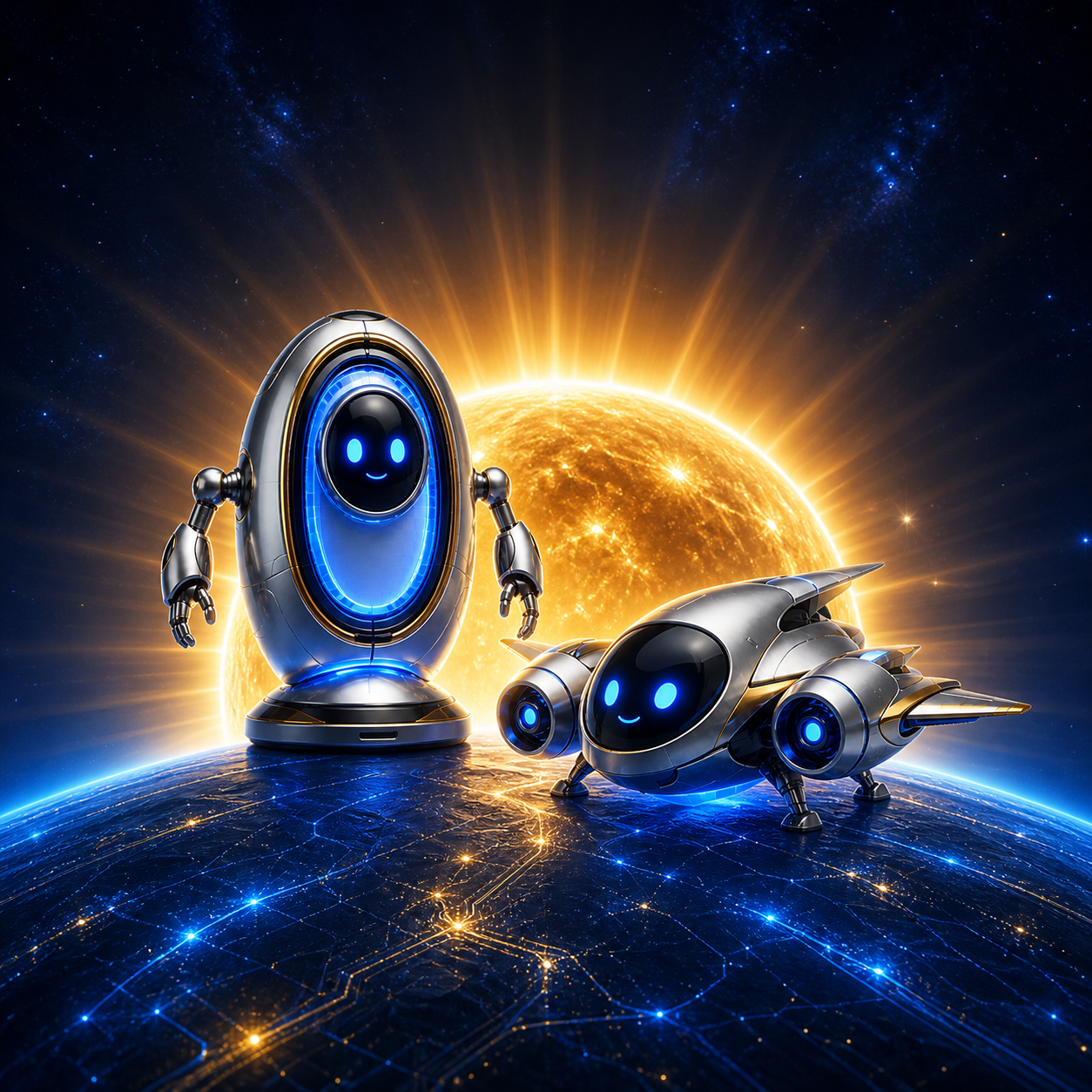 Relay and Skye standing on an illuminated blue planet with a fully risen sun representing the Growth Website
