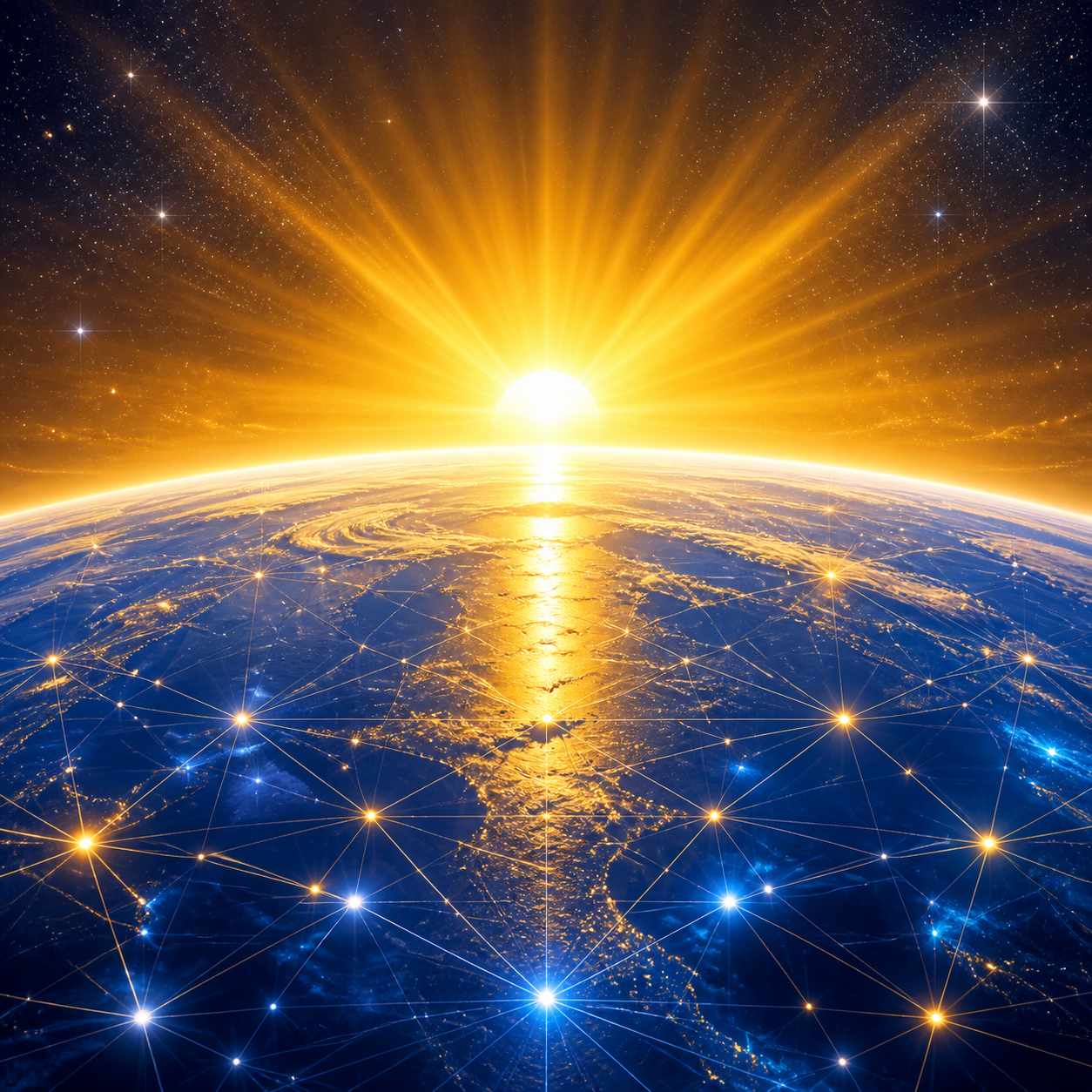 A first golden sunrise over a blue planet representing the Starter Website