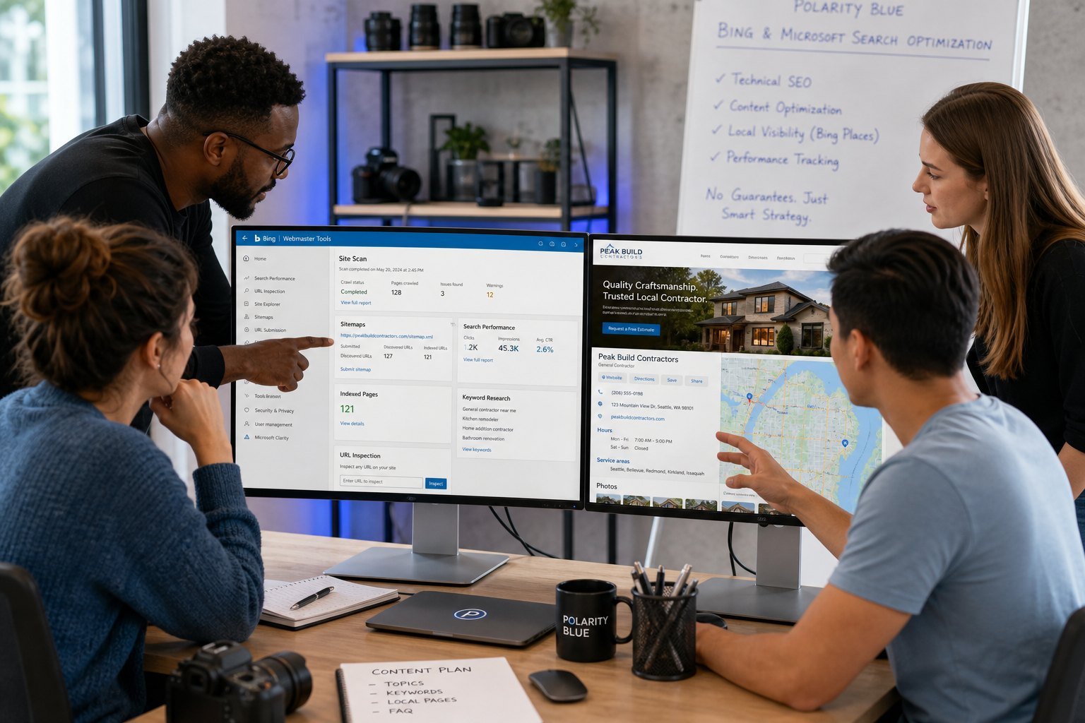 Team analyzing Bing search visibility for a local business website