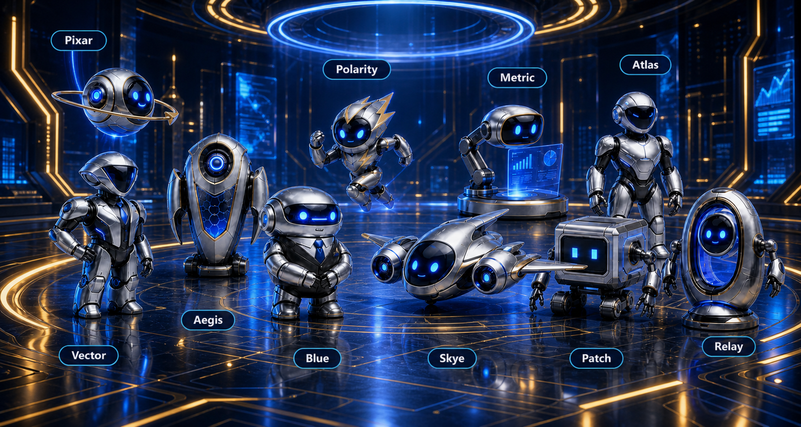 The complete ten-agent Polarity Blue team: Blue, Pixar, Vector, Patch, Aegis, Skye, Metric, Polarity, Atlas, and Relay